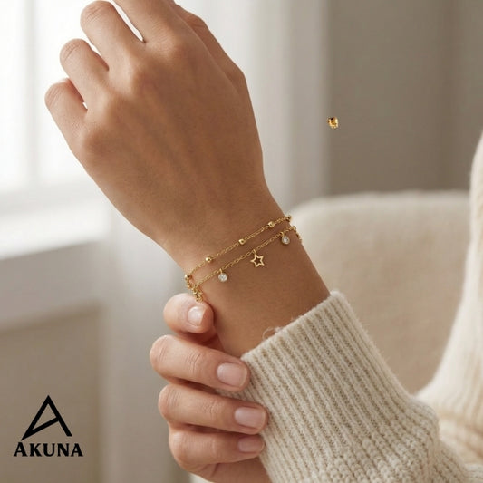 Akuna Gold Plated Adjustable Bracelet: Hypoallergenic Demi-Fine Jewelry with Stars & Round Diamond Stones