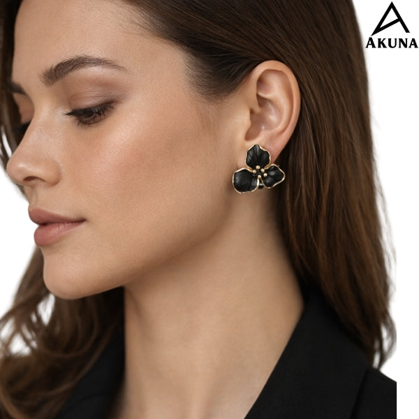 AKUNA Black Floral Stud Earrings for Women | Gold Plated Lightweight Flower Design | Trendy Party Wear Jewellery