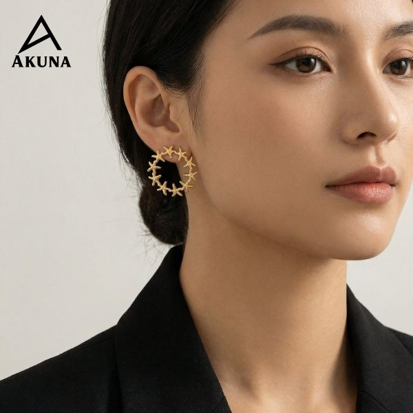 AKUNA Gold Plated Starfish Hoop Earrings for Women | Ocean Inspired Lightweight Statement Hoops | Trendy Party Wear Jewellery