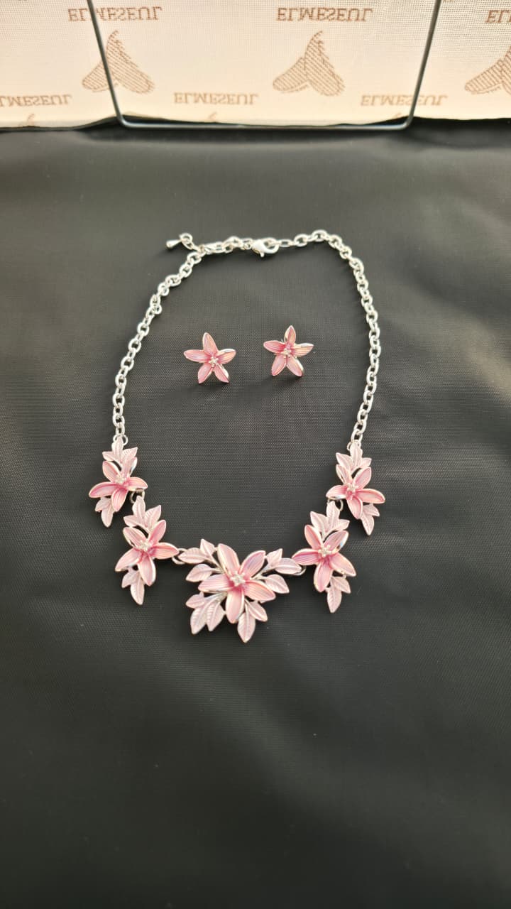 Pink Enamel Flower Necklace & Earrings