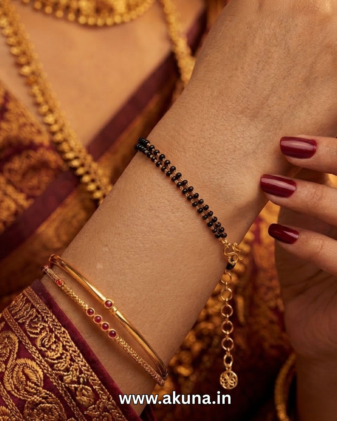 AKUNA Premium 2-Line Karimani Bracelet for Women – Traditional Double Layer Black Bead Bracelet | Adjustable South Indian Ethnic Jewellery | Anti-Tarnish Daily Wear