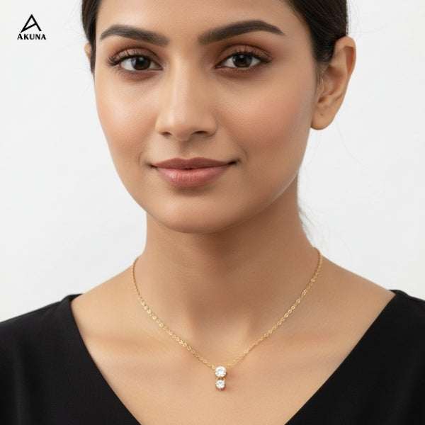AKUNA Double Stone Pendant Necklace – Gold Plated Stainless Steel Demi-Fine Jewellery for Women