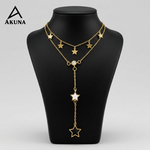 Akuna Gold-Plated 2-Layer Necklace | Star Charms & Diamond Center, 18" Adjustable Chain