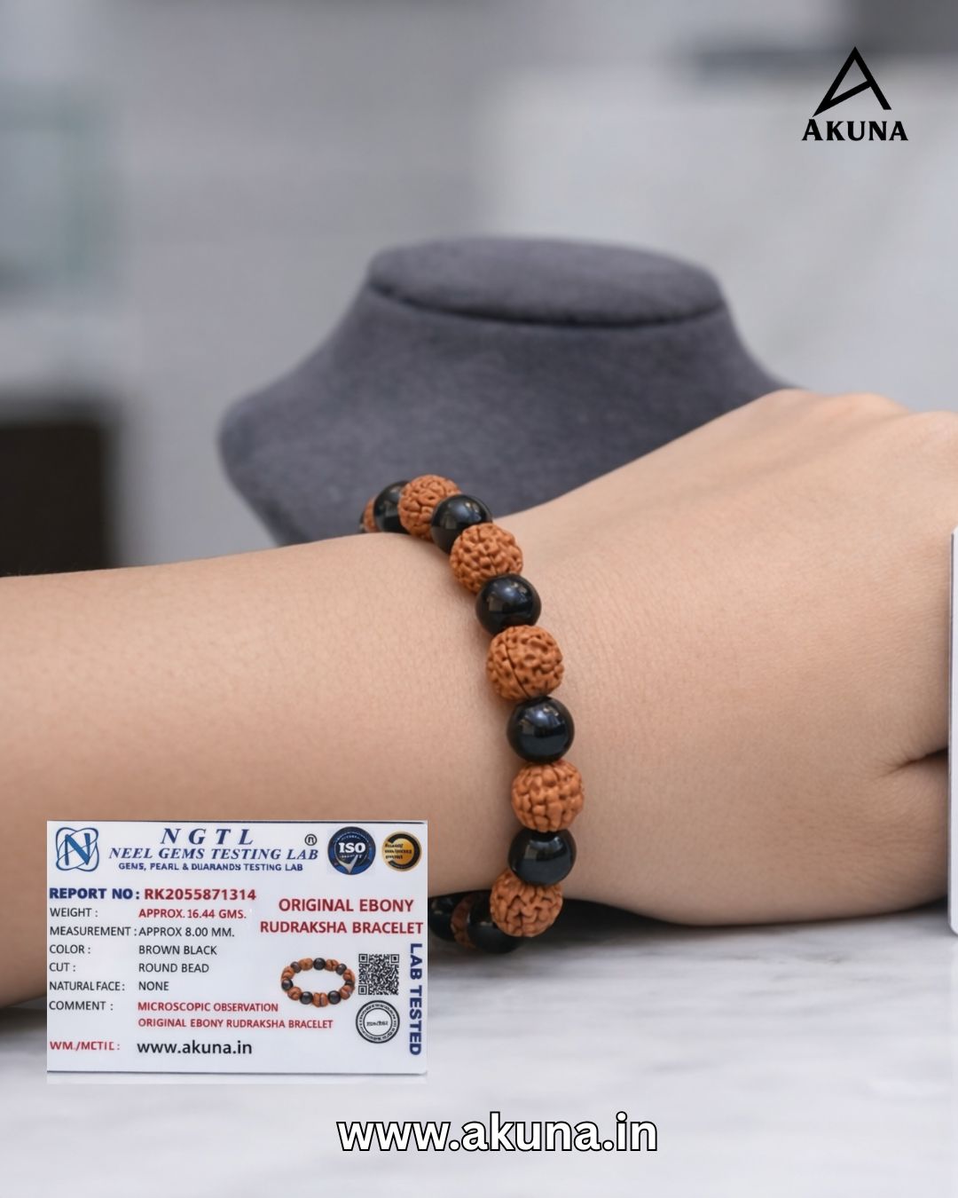 Akuna Certified Rudraksha Bracelet with Ebony Wood Beads | Premium Spiritual Bracelet for Positivity, Strength & Inner Peace