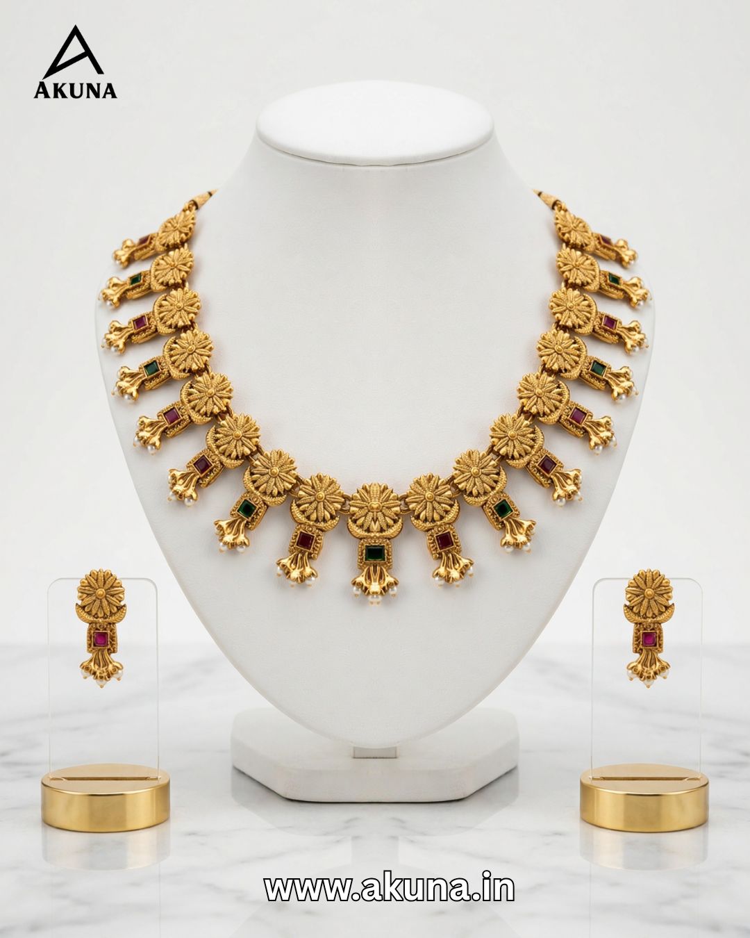 Premium Antique Gold Plated Temple Jewellery Necklace Set with Earrings | Floral Designer Ruby & Emerald Stone Traditional Bridal Wedding Festive Jewellery for Women | Akuna