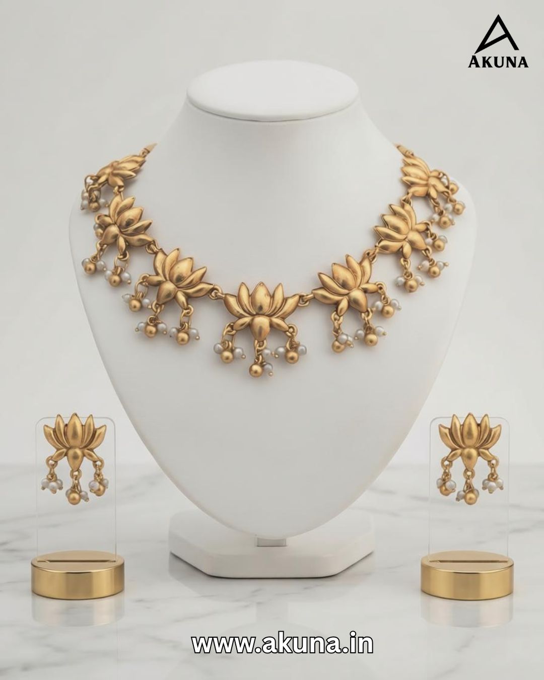 Akuna Lotus Matte Gold Finish Necklace Set with Pearl Earrings | Traditional Wedding & Festive Jewelry