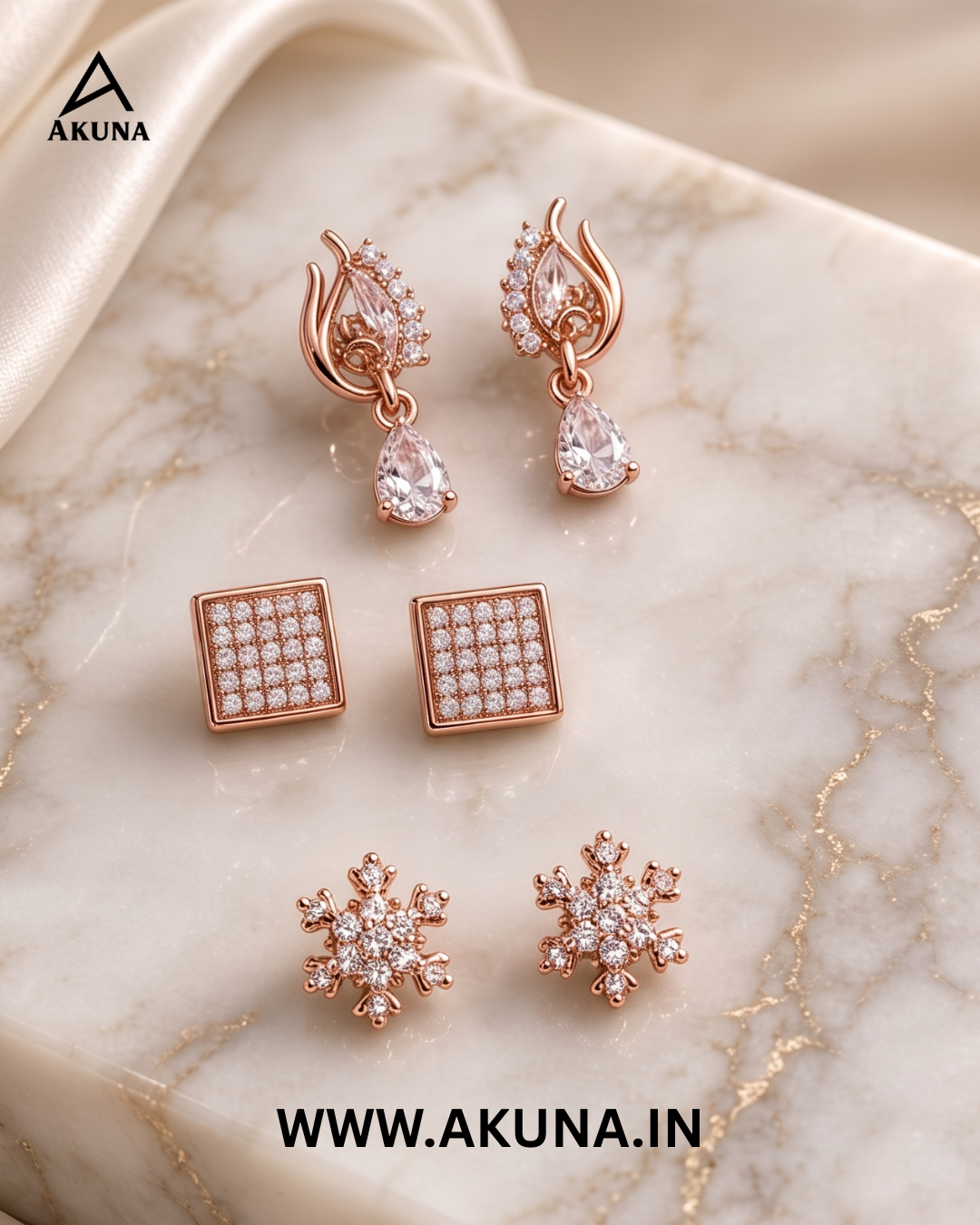 Rose Gold Crystal Earrings Combo Set of 3 Pairs | Premium Sparkling Fashion Jewellery