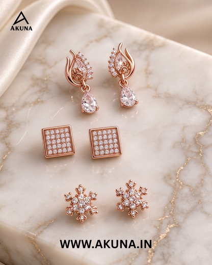 Rose Gold Crystal Earrings Combo Set of 3 Pairs | Premium Sparkling Fashion Jewellery
