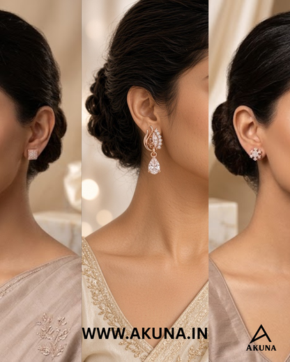 Rose Gold Crystal Earrings Combo Set of 3 Pairs | Premium Sparkling Fashion Jewellery