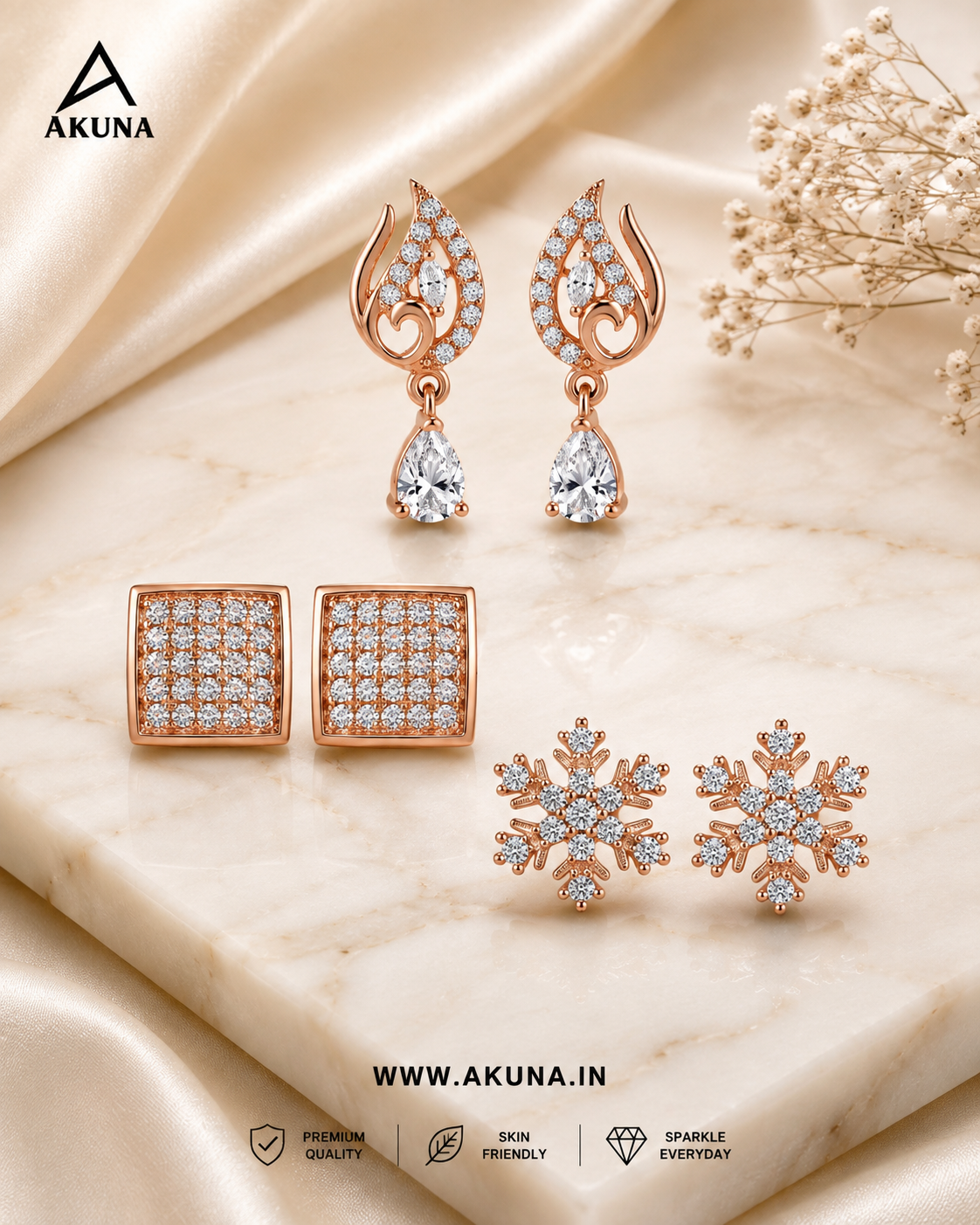 Rose Gold Crystal Earrings Combo Set of 3 Pairs | Premium Sparkling Fashion Jewellery