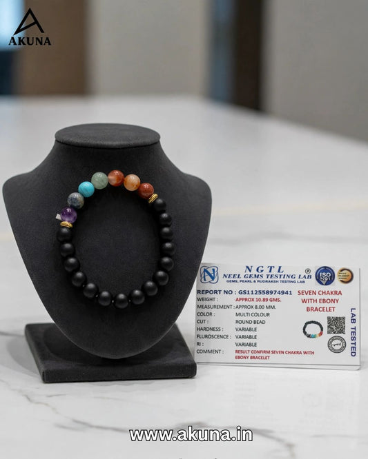 Akuna Original 7 Chakra Bracelet with Ebony Wood Beads | Certified Healing Crystal Bracelet for Balance, Energy & Wellness