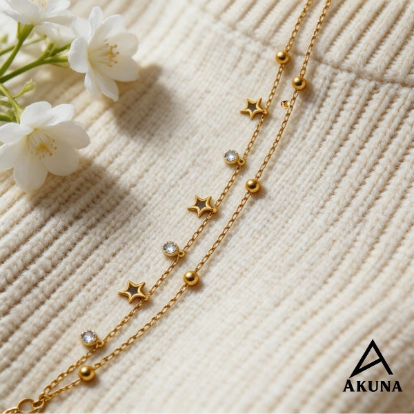 Akuna Gold Plated Adjustable Bracelet: Hypoallergenic Demi-Fine Jewelry with Stars & Round Diamond Stones