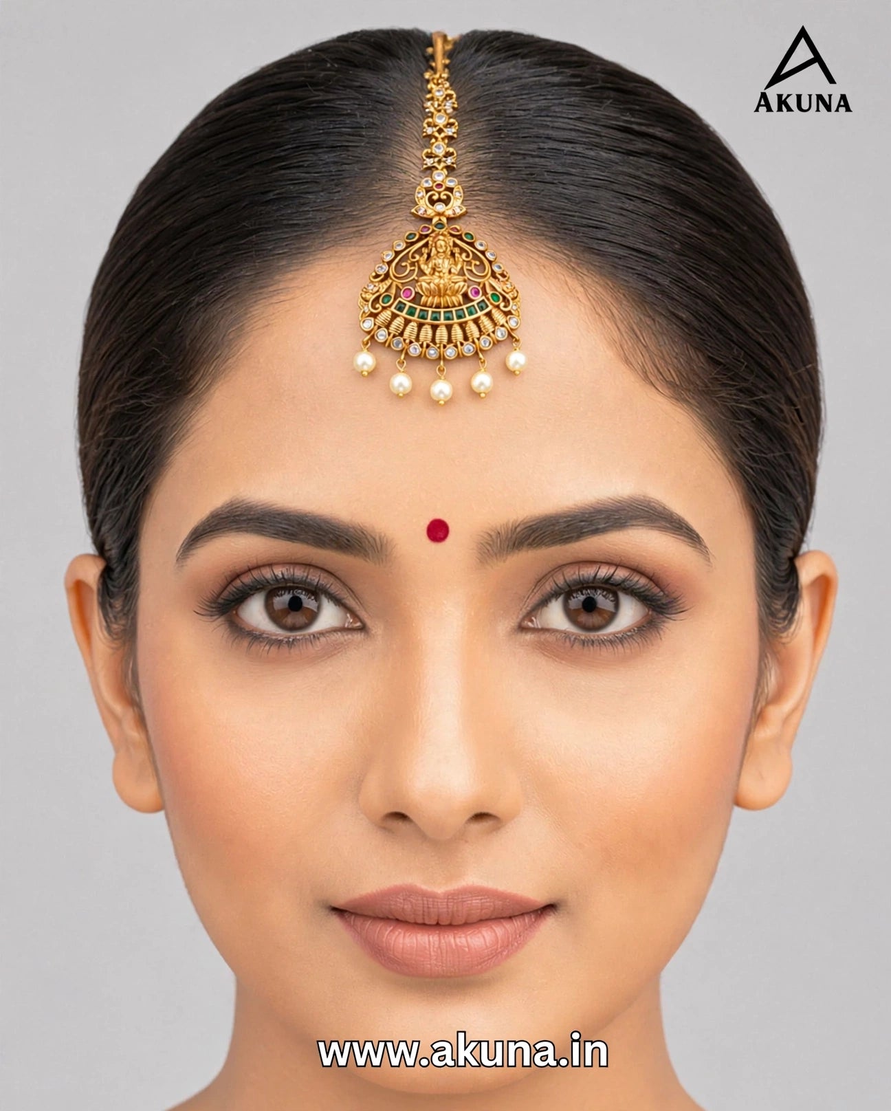 Akuna Gold-Plated Lakshmi Temple Maang Tikka | Traditional South Indian Bythale Bottu | Bridal Designer Forehead Jewellery for Women