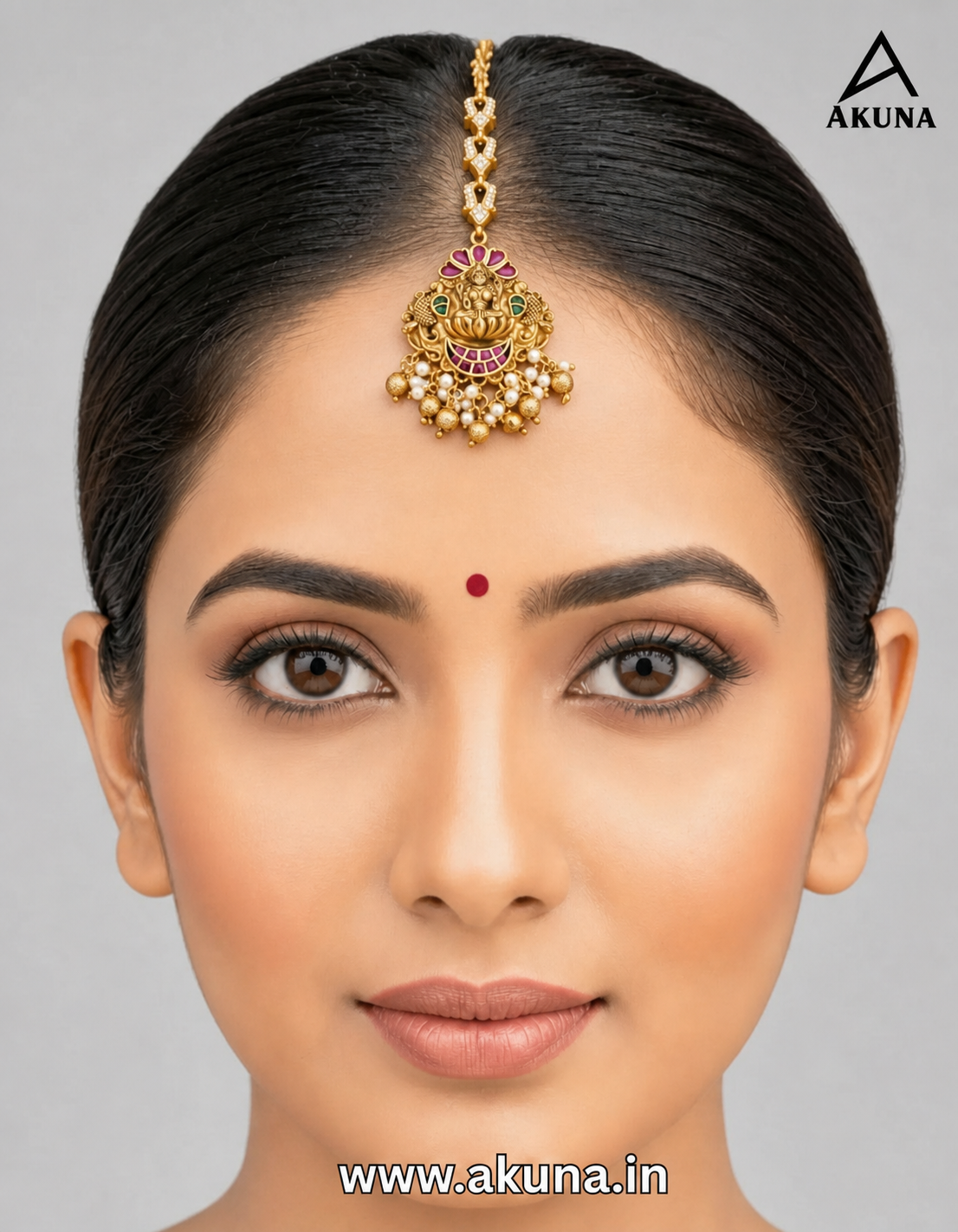 Akuna Gold-Plated Lakshmi Temple Maang Tikka | Traditional South Indian Bythale Bottu | Bridal Designer Forehead Jewellery for Women