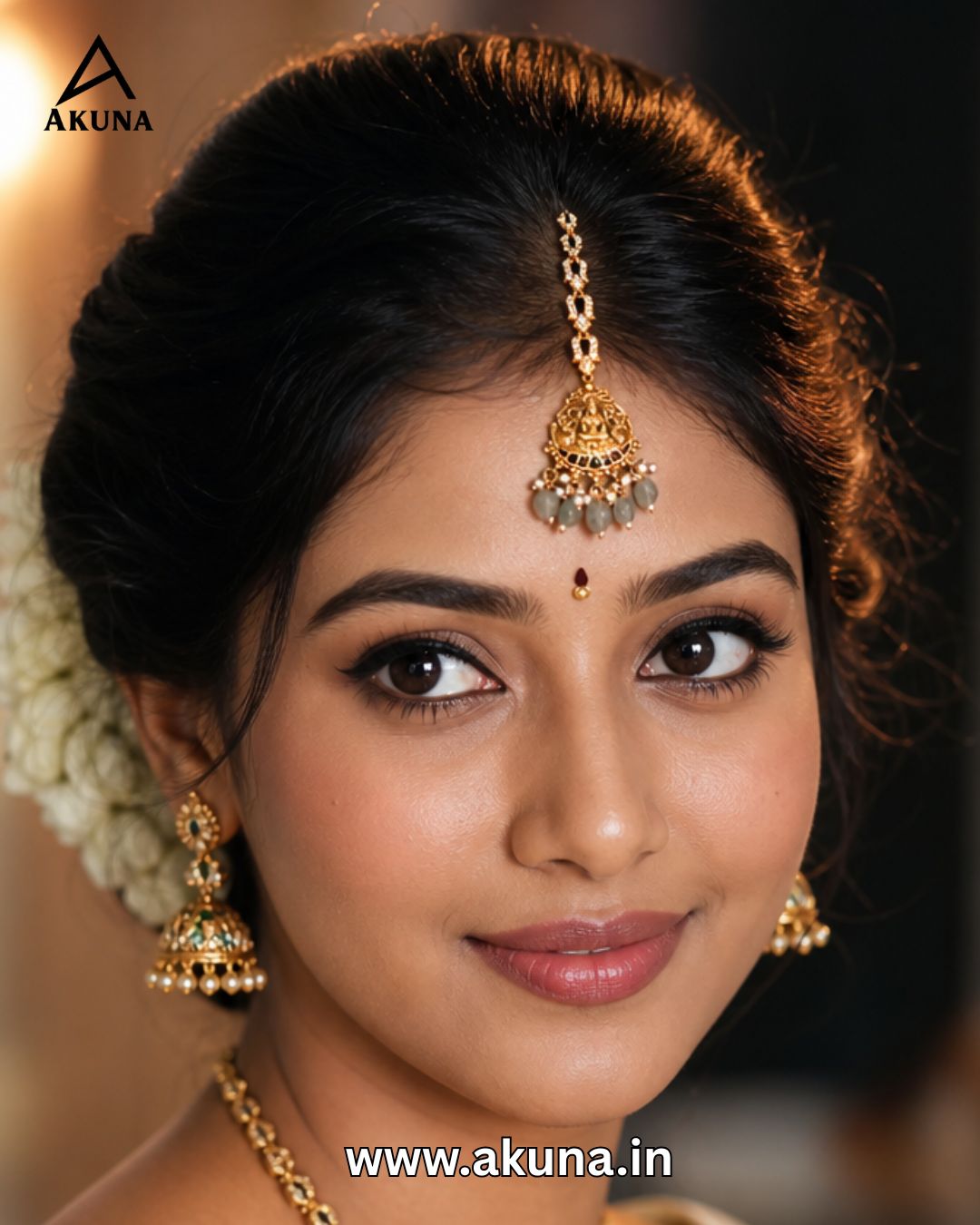 Akuna Gold-Plated Lakshmi Temple Maang Tikka | Traditional South Indian Bythale Bottu | Bridal Designer Forehead Jewellery for Women