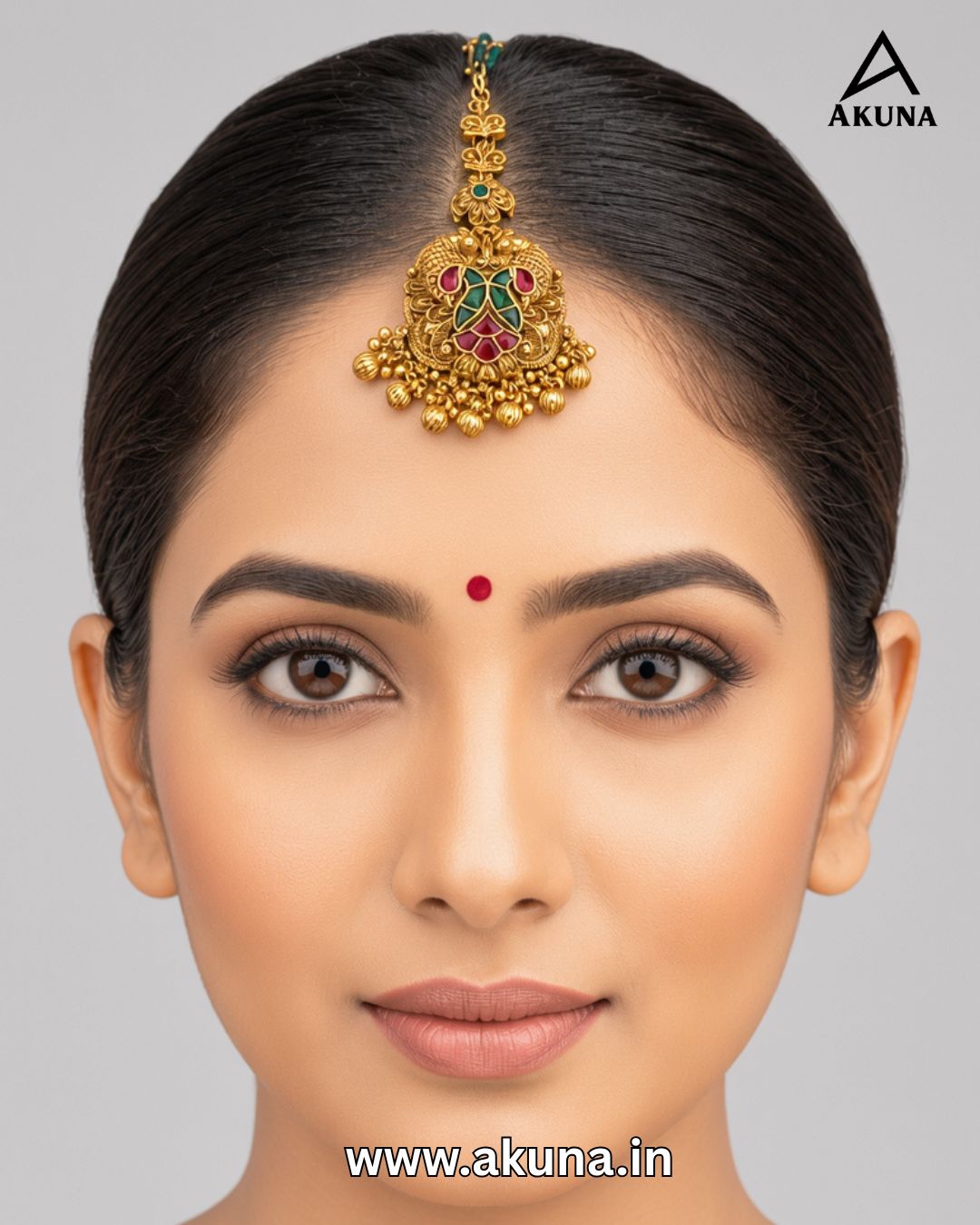 Akuna Gold-Plated Lakshmi Temple Maang Tikka | Traditional South Indian Bythale Bottu | Bridal Designer Forehead Jewellery for Women