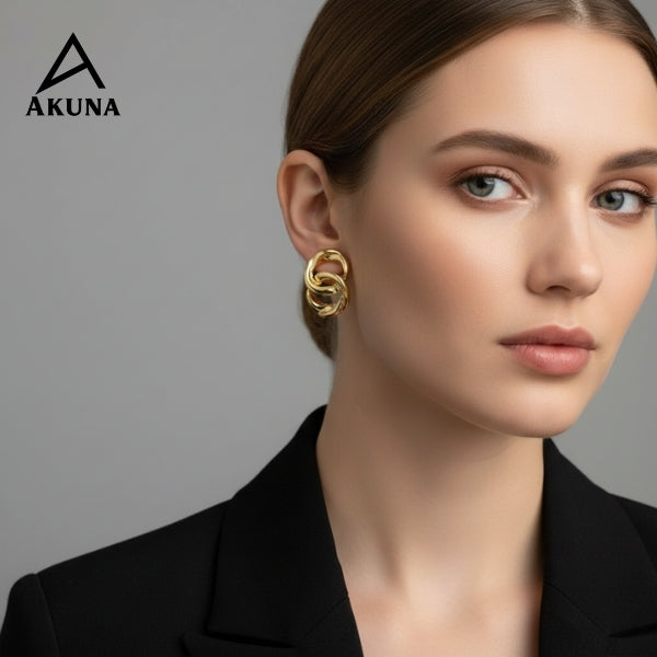 AKUNA Gold Plated Chunky Hoop Earrings for Women | Twisted Double Loop Statement Earrings | Lightweight Trendy Party Wear Jewellery