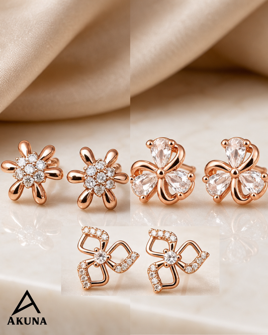 AKUNA Premium 3 Pair Rose Gold Stud Earrings Combo for Women | CZ & Crystal Designer Fashion Jewellery Set | Trendy Daily & Party Wear Earrings