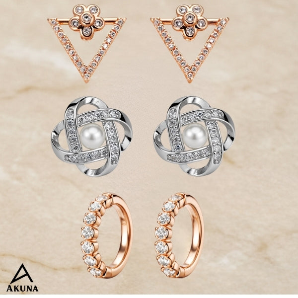 Akuna Luxe Trio Earrings Combo – Rose Gold Crystal Hoops, Pearl Studs & Designer Triangle Earrings
