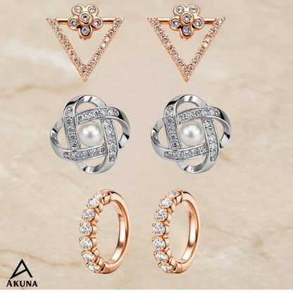 Akuna Luxe Trio Earrings Combo – Rose Gold Crystal Hoops, Pearl Studs & Designer Triangle Earrings
