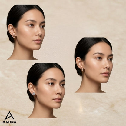 Akuna Luxe Trio Earrings Combo – Rose Gold Crystal Hoops, Pearl Studs & Designer Triangle Earrings