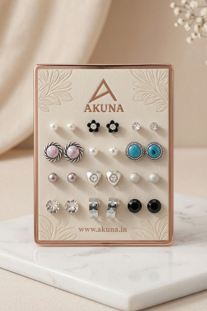 AKUNA 12 Pair Earrings Combo for Women – Trendy Stud Earrings Set with Pearl, CZ & Designer Styles | Daily Wear Fashion Jewellery