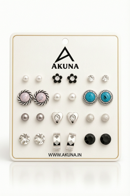 AKUNA 12 Pair Earrings Combo for Women – Trendy Stud Earrings Set with Pearl, CZ & Designer Styles | Daily Wear Fashion Jewellery