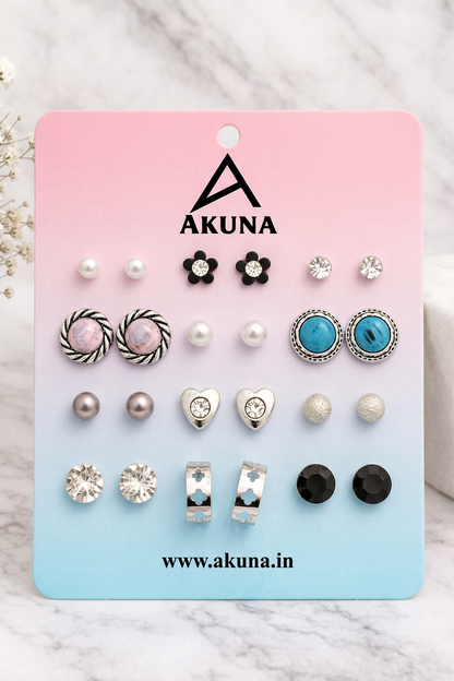 AKUNA 12 Pair Earrings Combo for Women – Trendy Stud Earrings Set with Pearl, CZ & Designer Styles | Daily Wear Fashion Jewellery