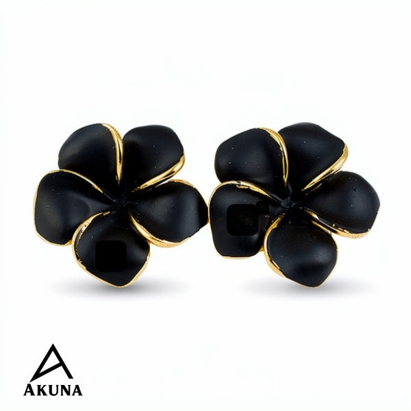 AKUNA Black Flower Stud Earrings for Women | Gold Trim | Lightweight Floral Jewelry for Everyday & Party
