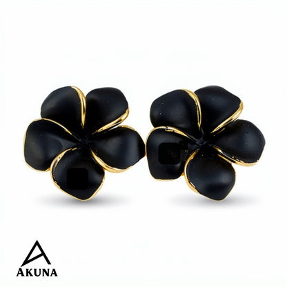 AKUNA Black Flower Stud Earrings for Women | Gold Trim | Lightweight Floral Jewelry for Everyday & Party