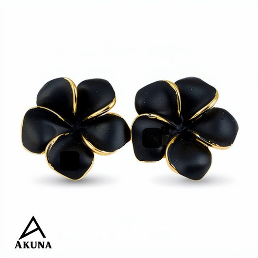 AKUNA Black Flower Stud Earrings for Women | Gold Trim | Lightweight Floral Jewelry for Everyday & Party