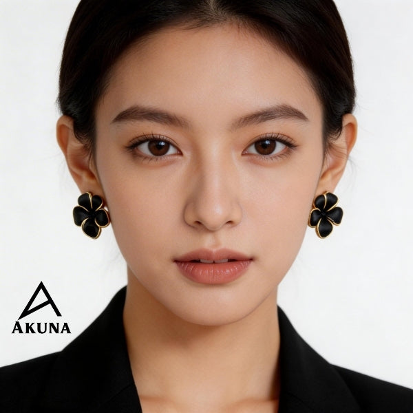 AKUNA Black Flower Stud Earrings for Women | Gold Trim | Lightweight Floral Jewelry for Everyday & Party