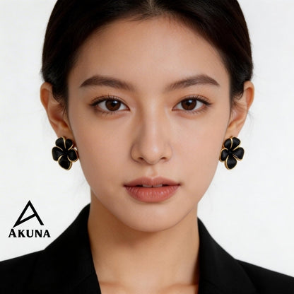 AKUNA Black Flower Stud Earrings for Women | Gold Trim | Lightweight Floral Jewelry for Everyday & Party