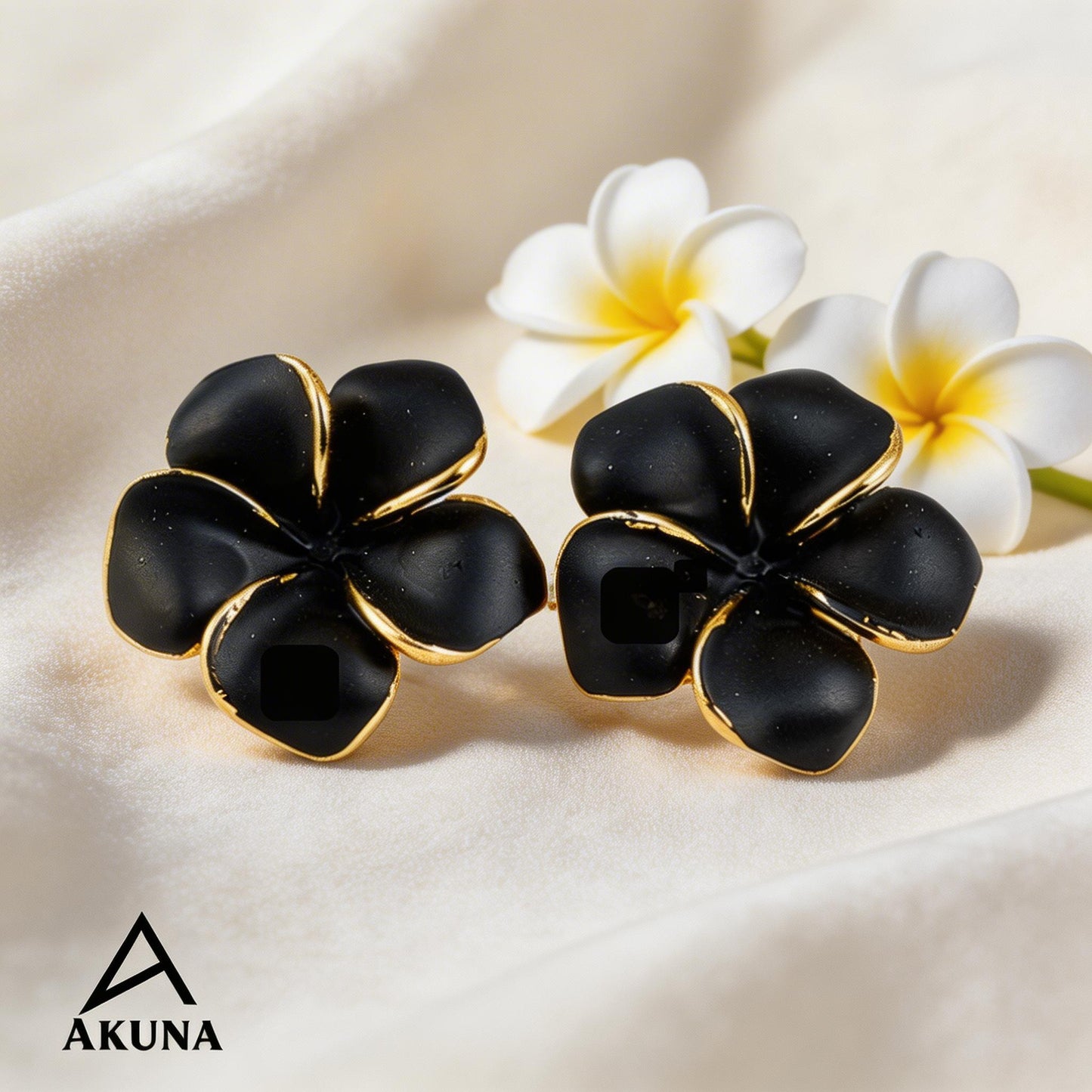 AKUNA Black Flower Stud Earrings for Women | Gold Trim | Lightweight Floral Jewelry for Everyday & Party