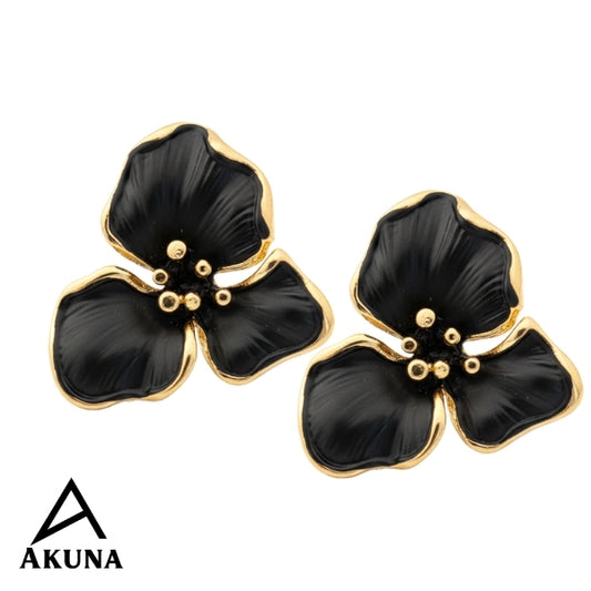 AKUNA Black Floral Stud Earrings for Women | Gold Plated Lightweight Flower Design | Trendy Party Wear Jewellery
