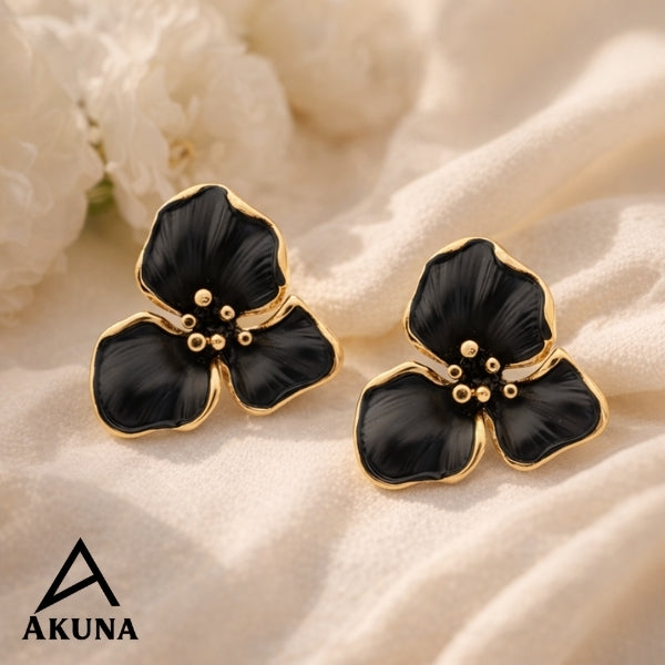 AKUNA Black Floral Stud Earrings for Women | Gold Plated Lightweight Flower Design | Trendy Party Wear Jewellery