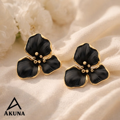 AKUNA Black Floral Stud Earrings for Women | Gold Plated Lightweight Flower Design | Trendy Party Wear Jewellery