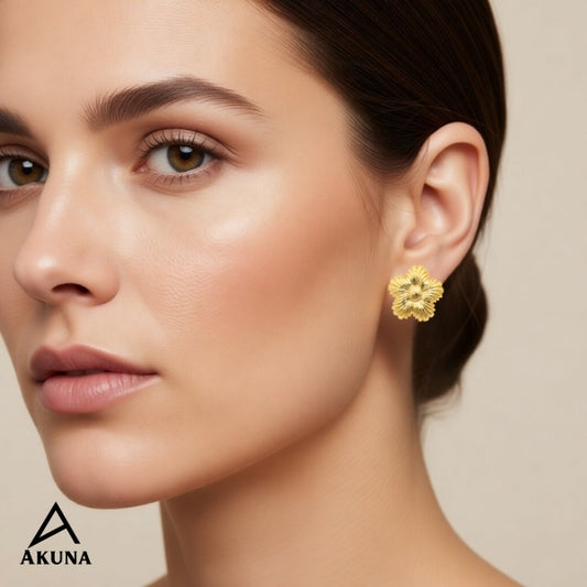 Akuna Flower Blossom Stud Earrings – Gold Plated Stainless Steel, Anti-Tarnish