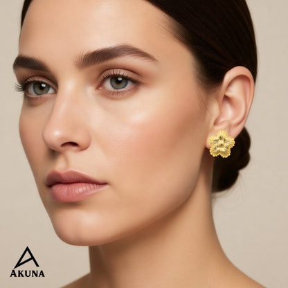 Akuna Flower Blossom Stud Earrings – Gold Plated Stainless Steel, Anti-Tarnish