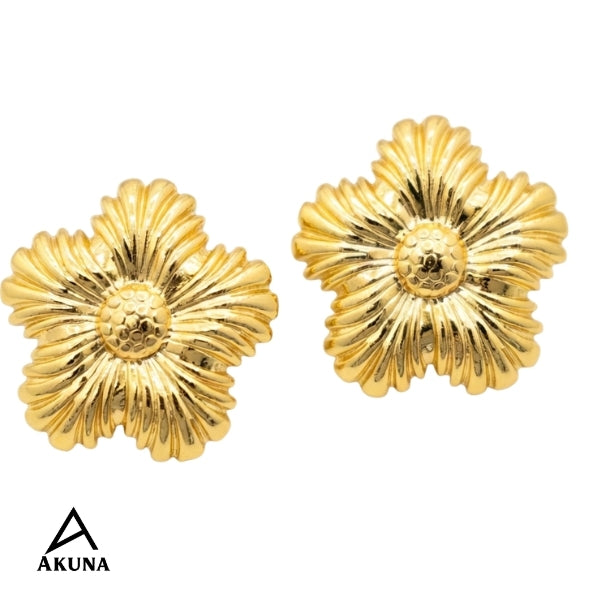 Akuna Flower Blossom Stud Earrings – Gold Plated Stainless Steel, Anti-Tarnish