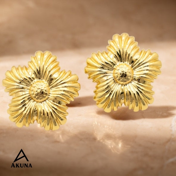 Akuna Flower Blossom Stud Earrings – Gold Plated Stainless Steel, Anti-Tarnish