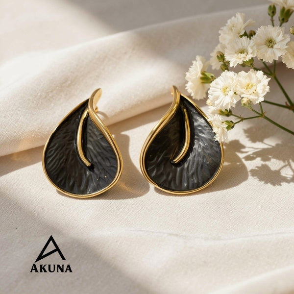 AKUNA BLACK TONE Gold-Plated Leaf Shaped Stud Earrings — Lightweight Demi-Fine Stainless Steel, Anti-Tarnish