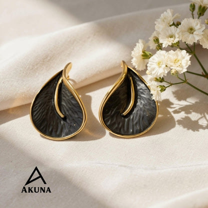AKUNA BLACK TONE Gold-Plated Leaf Shaped Stud Earrings — Lightweight Demi-Fine Stainless Steel, Anti-Tarnish