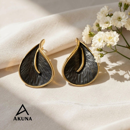AKUNA BLACK TONE Gold-Plated Leaf Shaped Stud Earrings — Lightweight Demi-Fine Stainless Steel, Anti-Tarnish