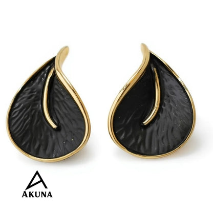AKUNA BLACK TONE Gold-Plated Leaf Shaped Stud Earrings — Lightweight Demi-Fine Stainless Steel, Anti-Tarnish