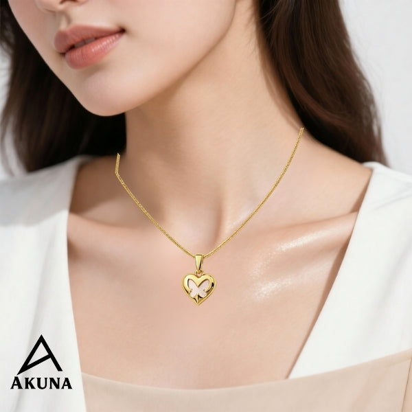 AKUNA Butterfly Heart Pendant Necklace — 18" Gold-Plated Stainless Steel, Anti-Allergy