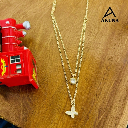 Akuna Dual-Layer Necklace in Gold-Plated Stainless Steel | Diamond Accent Pendant + Studded Butterfly Charms