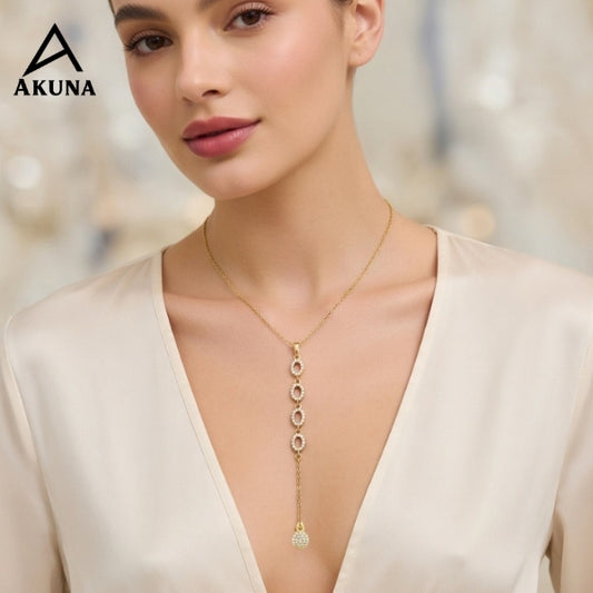 Gold Lariat Drop Necklace – Circle Link Chain with Stone Charm