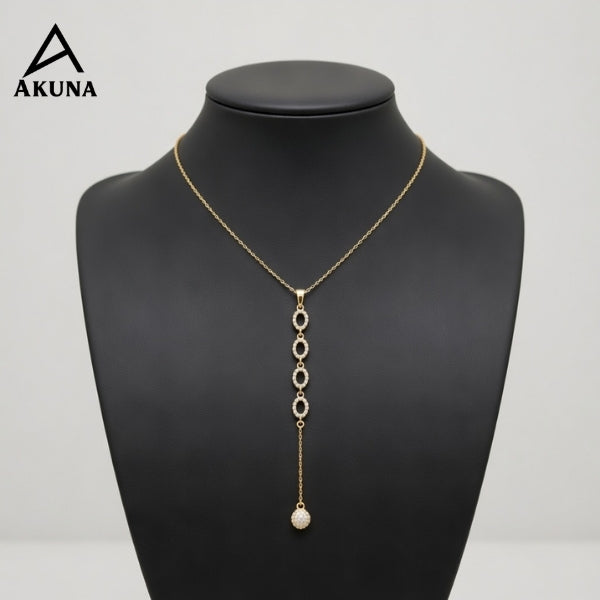 Gold Lariat Drop Necklace – Circle Link Chain with Stone Charm