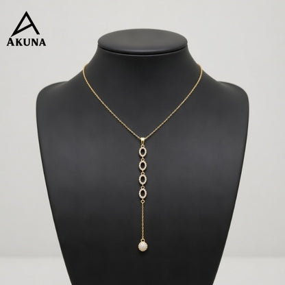 Gold Lariat Drop Necklace – Circle Link Chain with Stone Charm